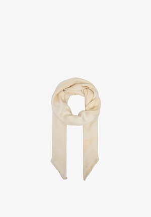 Sciarpa in tessuto morbido color crema piegata a cappio con estremità sfrangiate che pendono su sfondo bianco.