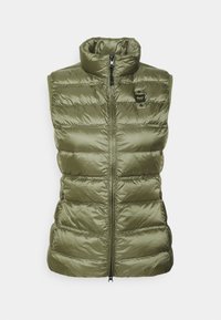 Oliwkowa, bezrękawnikowa kamizelka puchowa z wysokim kołnierzem, pikowana struktura, przedni zamek błyskawiczny i małe logo na lewej piersi.
