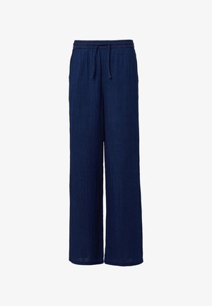 Mornarsko modri široki hlače iz lahkega materiala, z elastiko in vrvico v pasu ter teksturirano površino.