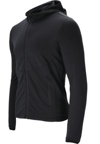 Sort zip-up hættetrøje med en tætsiddende design. Har lange ærmer, forlommer og hætte. Fremstillet af strækbart stof med en glat tekstur.