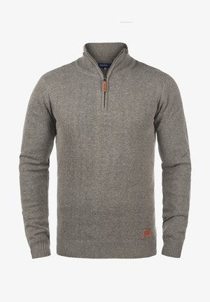 Grauer Reißverschluss-Pullover mit geripptem Kragen und Bündchen. Aus strukturiertem Stoff gefertigt, mit einem Lederschild am Saum. Normale Passform.