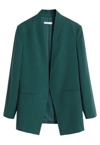 Blazer verde carbone con una vestibilità comoda, scollatura a V profonda e due tasche frontali. Realizzato in tessuto morbido con una leggera lucentezza, design sartoriale.