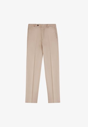 Beige Hosen aus leichtem Stoff, mit geradem Schnitt, Fronttaschen, einem Bund mit Knopf und feinen Falten.