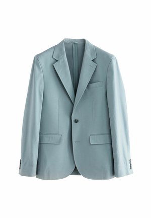 Hellblauer Blazer, einreihiges Design, zwei Fronttaschen, Reverskragen, glatte Stoffoberfläche und geknöpfte Manschetten.