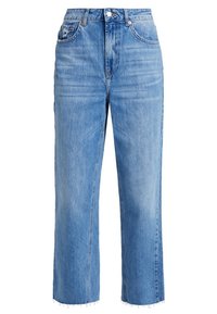 Džíny s vysokým pasem, světle modré barvy, rovný střih nohavic, s efekty opotřebení a neupraveným lemem u kotníku.