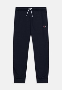 Marineblauwe sweatpants gemaakt van zacht materiaal, met een elastische tailleband met een witte trekkoord en manchetten bij de enkels, en een klein logo-detail.