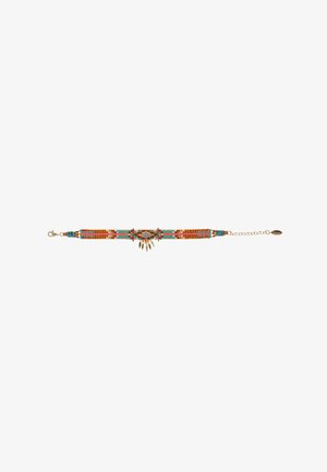 Colorful beaded bracelet with orange, turquoise, and gold elements. Features a central decorative element and five dangling charms.