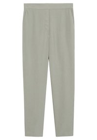 Pantalon gris clair en tissu lisse. Comprend un devant plat, des poches latérales et une coupe fuselée. Style simple et minimaliste.