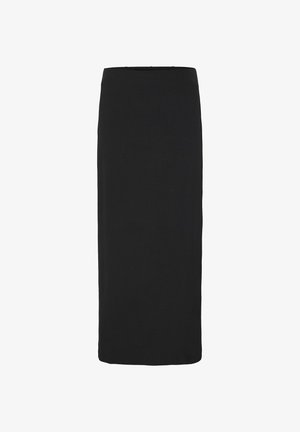 Gonna maxi nera aderente realizzata in tessuto morbido; texture liscia, senza motivi visibili, silhouette dritta, design a lunghezza intera.