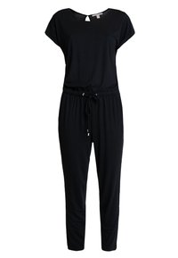 Schwarzer kurzärmeliger Jumpsuit mit rundem Ausschnitt und verstellbarem Kordelzug in der Taille, tapered Beinen und entspannter Passform.