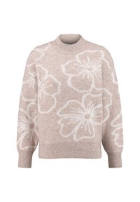 Lichtbeige trui met een wit bloemenpatroon, geribde ronde hals en lange mouwen. Heeft een klein decoratief logo aan de onderrand.