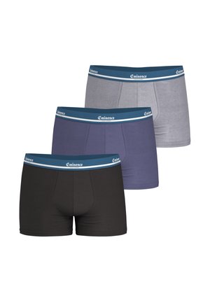 Trois paires de boxers en coton noirs, gris et bleus marine, avec une ceinture bleue à motifs blancs et le logo "Eminence".