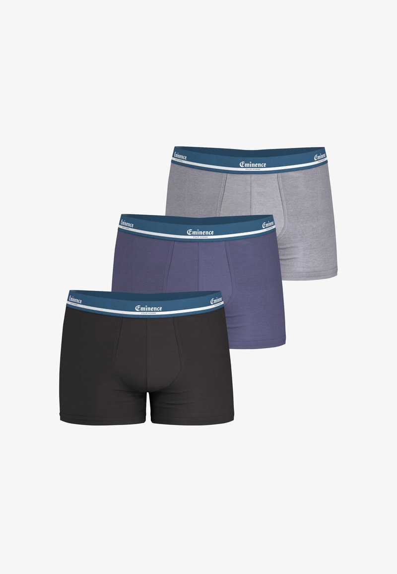 Trois paires de boxers en coton noirs, gris et bleus marine, avec une ceinture bleue à motifs blancs et le logo "Eminence".