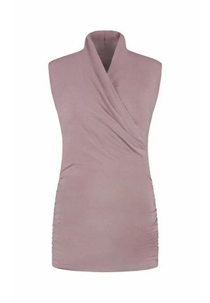 Mouwloze top in licht mauve, met een wikkelontwerp, zachte textuur en ruching aan de zijkant voor een aansluitende silhoeet.
