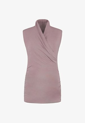 Mouwloze top in licht mauve, met een wikkelontwerp, zachte textuur en ruching aan de zijkant voor een aansluitende silhoeet.