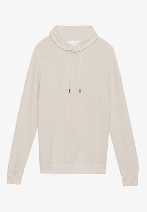 Beiger Strickpullover mit einem Schalkragen, Zugbandakzenten, langen Ärmeln sowie gerippten Bündchen und Saum, aus strukturierter Stoffqualität.