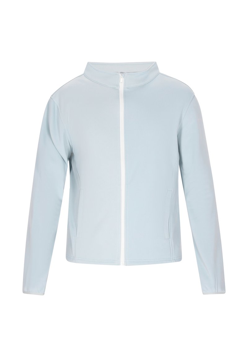 Lyseblå zip-up jakke lavet af glat, strækbart materiale. Har en standkrave, lange ærmer og to sidelommer. Hvid lynlåsdetalje.