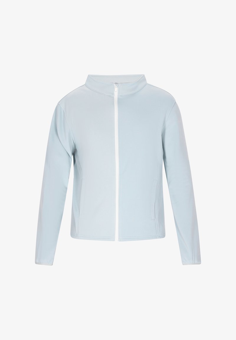 Lyseblå zip-up jakke lavet af glat, strækbart materiale. Har en standkrave, lange ærmer og to sidelommer. Hvid lynlåsdetalje.
