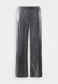 Metallic grey wide-leg pants with an elastic waistband, smooth texture, and a flowing design that emphasizes a relaxed fit.