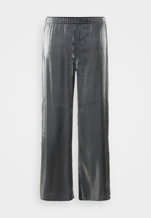 Metallic grey wide-leg pants with an elastic waistband, smooth texture, and a flowing design that emphasizes a relaxed fit.