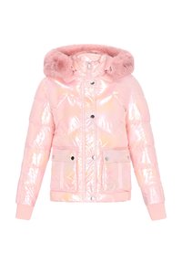 Różowa pikowana kurtka puchowa z błyszczącego, odblaskowego materiału, kaptur wyściełany futrem, przednie kieszenie oraz zapięcia na zatrzaski/ guziki. Mankiety z ściągaczami.