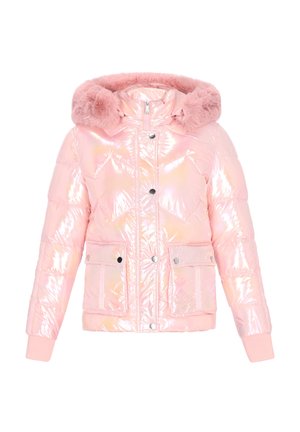 Jachetă puf roz, cu material lucios și reflectorizant, glugă căptușită cu blană, buzunare frontale și închideri cu capse/butoane. Mâneci cu manșete elastice.