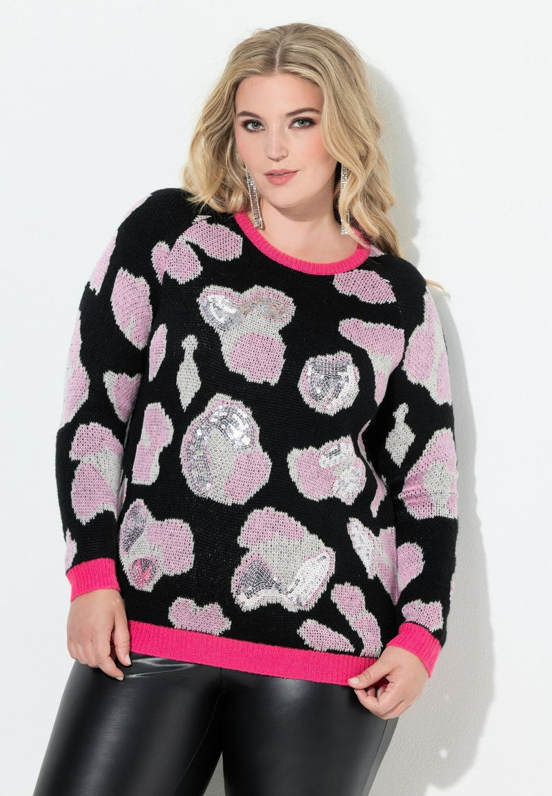 Schwarzer Pullover mit einem pinken und silbernen Leopardenmuster, ausgestattet mit einem leuchtend pinken Rundhalsausschnitt und Bündchen. Strickstoff mit einer strukturierten Oberfläche.