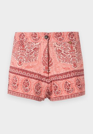 Shorts taille haute pour femmes avec motifs floraux et cachemire rouges et roses détaillés, bouton à l'avant et poches latérales.