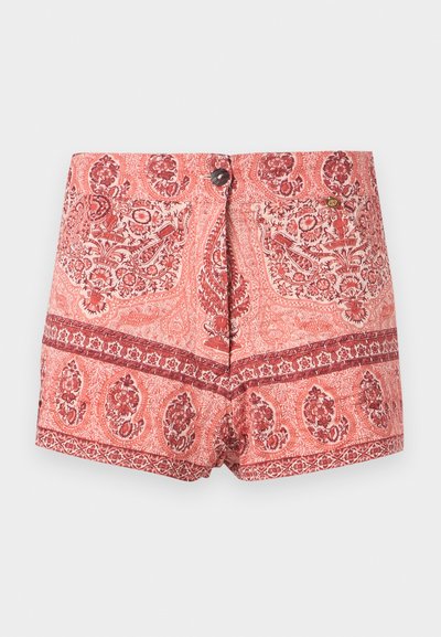 Shorts taille haute pour femmes avec motifs floraux et cachemire rouges et roses détaillés, bouton à l'avant et poches latérales.