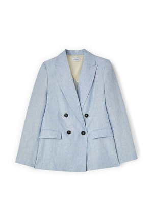 Lyseblå dobbeltradet blazer med sorte knapper, hakkede reverser, klaplommer og lysebeige for.
