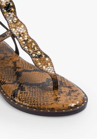 Sandal de color marrón con estampado de reptiles, con una plantilla texturizada, tiras delgadas y tachuelas doradas a lo largo de los bordes. Diseño plano con un detalle mínimo.