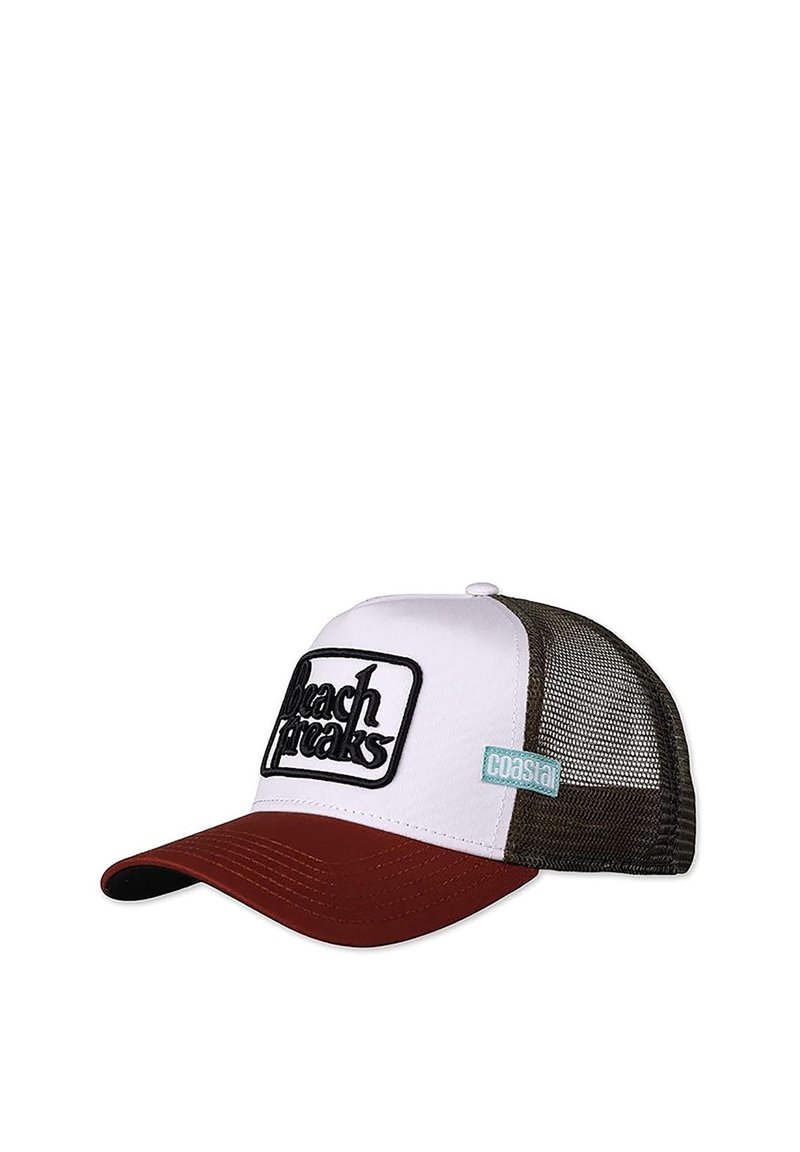 Trucker cap with a white front, brown mesh sides, and a maroon visor. Features a black embroidered "Beach Freaks" logo and a light blue accent.
