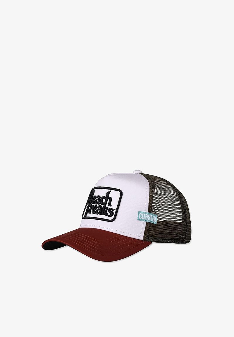 Trucker cap with a white front, brown mesh sides, and a maroon visor. Features a black embroidered "Beach Freaks" logo and a light blue accent.