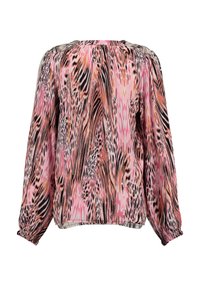 Blusa a maniche lunghe in tessuto leggero e trasparente con un motivo animalier rosa e nero, con polsini arricciati e una vestibilità morbida.
