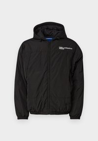 Black hooded jacket made of lightweight material with a zip front, elastic cuffs, and 'Karl Lagerfeld Jeans' logo on the chest.