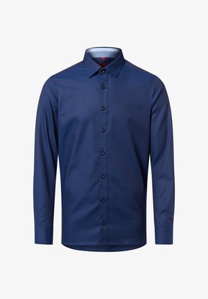Navy long-sleeve button-up shirt made of smooth fabric, featuring a structured collar and subtle patterned inner. Button details in dark blue.