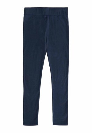 Navy blue leggings made of stretchy fabric, featuring a wide, elastic waistband and a smooth, untextured surface without patterns.