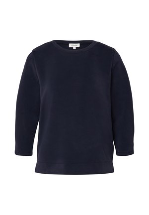 Haut à manches longues bleu marine foncé, en coton doux. Dispose d'un col rond et d'un ourlet droit pour une coupe décontractée. Sans motifs ni accents.