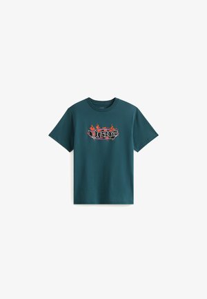Teal cotton t-shirt with a round neckline and short sleeves, featuring a graphic design in black and orange flames on the front.