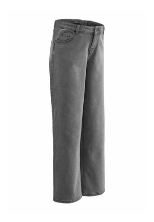 Sivé denimové nohavice s uvoľneným strihom, vybavené pásom, pútkami na opasok, prednými vreckami a priamym strihom nohavíc. Hladká textura, minimálne detaily.