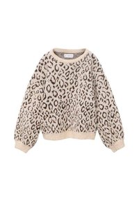 Pulover z leopardjim vzorcem z okroglim izrezom, dolgimi balonskimi rokavi in ribastim robom. Narejen iz mehke pletene tkanine v bež in rjavih tonih.