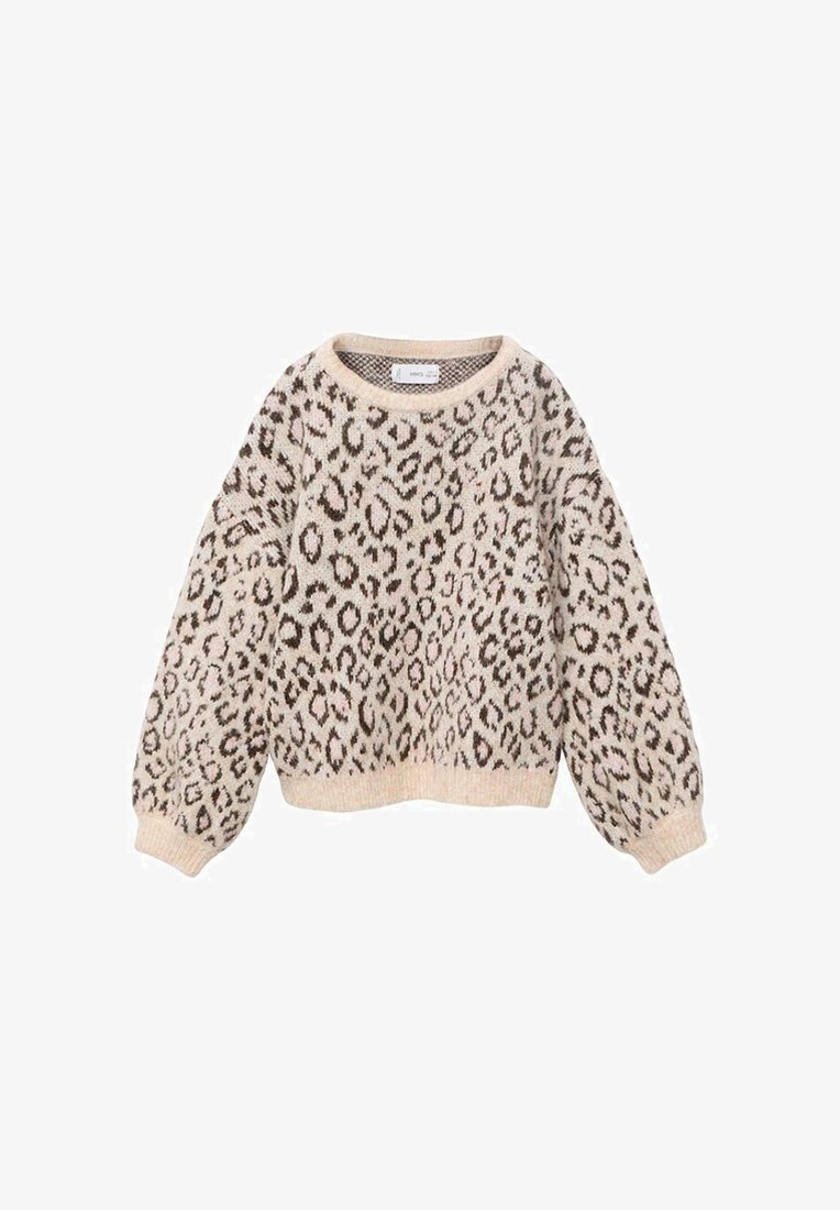 Pulover z leopardjim vzorcem z okroglim izrezom, dolgimi balonskimi rokavi in ribastim robom. Narejen iz mehke pletene tkanine v bež in rjavih tonih.