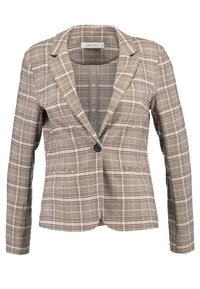Veste pour femme à carreaux marron et beige avec un seul bouton noir sur le devant, col cranté, manches longues et deux poches avant.