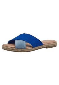 Blå och ljusblå mocka slide-sandaler med korsade remmar, en sula inlindad i jute och en platt, beige innersula.