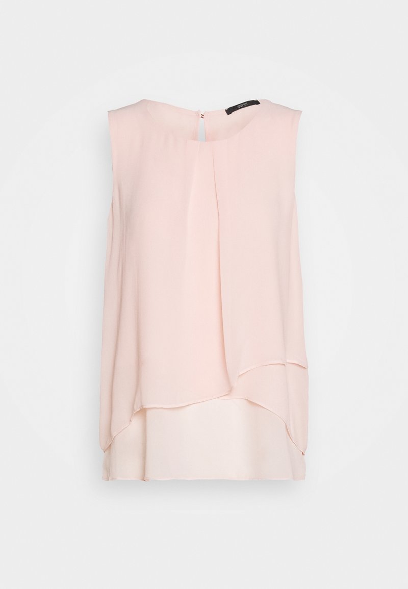 Blusa sin mangas en gasa rosa claro. Presenta un diseño en capas con un escote redondeado y una cremallera trasera oculta. Textura suave y fluida.