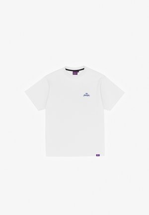 White T-shirt with short sleeves, round neck, and a small blue branded logo on the chest. Features purple tag at the bottom left corner.