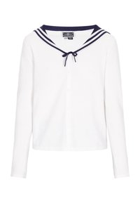 Cardigan bianco a maniche lunghe con colletto da marinaio, caratterizzato da strisce blu navy e chiusura a fiocco, realizzato in morbido tessuto testurizzato.