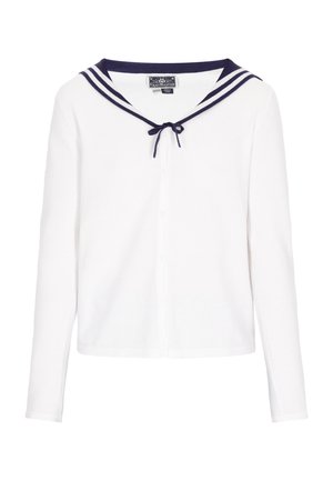 Cárdigan blanco de manga larga con cuello de marinero, con rayas marinas y cierre de lazo, hecho de una tela suave y texturizada.