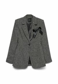 Halli tweed bleiser, mille tekstuuriga viimistlusega, ühe nupuga kinnis, sälguga kraed ja musta satiinist lipsu aktsent vasakul rinnal.