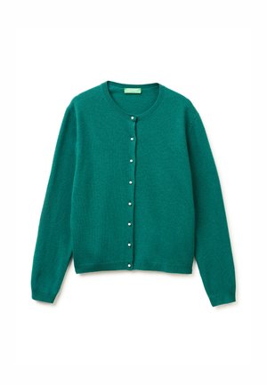 Muntgroene cardigan met een ronde halslijn, lange mouwen en parelachtige knoopsluitingen aan de voorkant; gemaakt van een zachte knitstof.